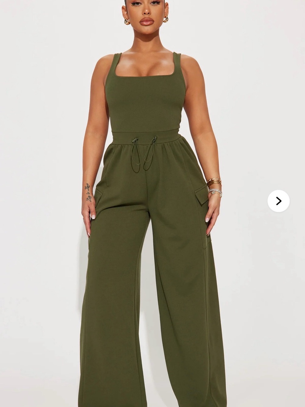 Olive Wide-Leg Jumpsuit with Drawstring Waist